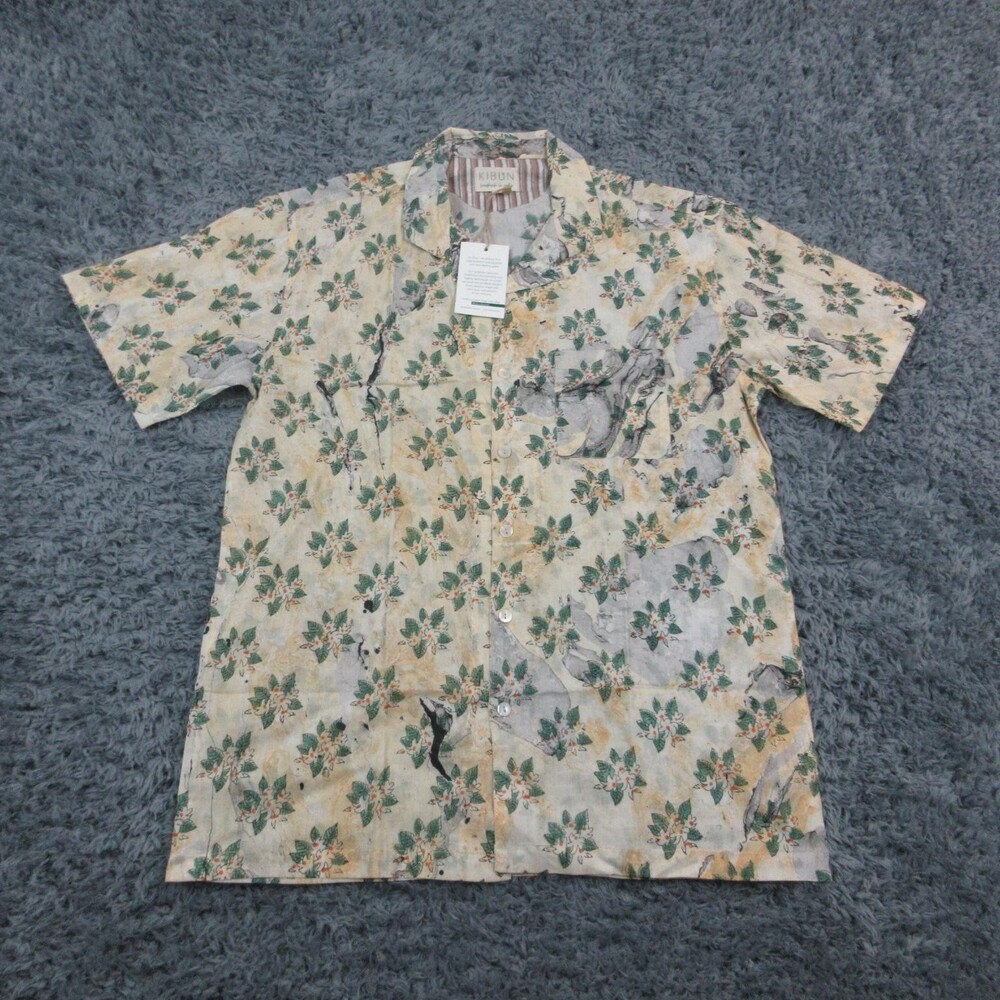 Kibun Shirt Mens Small Off White Floral Short Sleeve Button Handmade India NWT